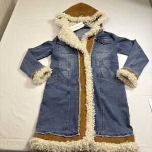 B. COATURE Long Duster Denim Jacket HOOD FAUX SUEDE FAUX SHERPA WOMEN SM NWT
